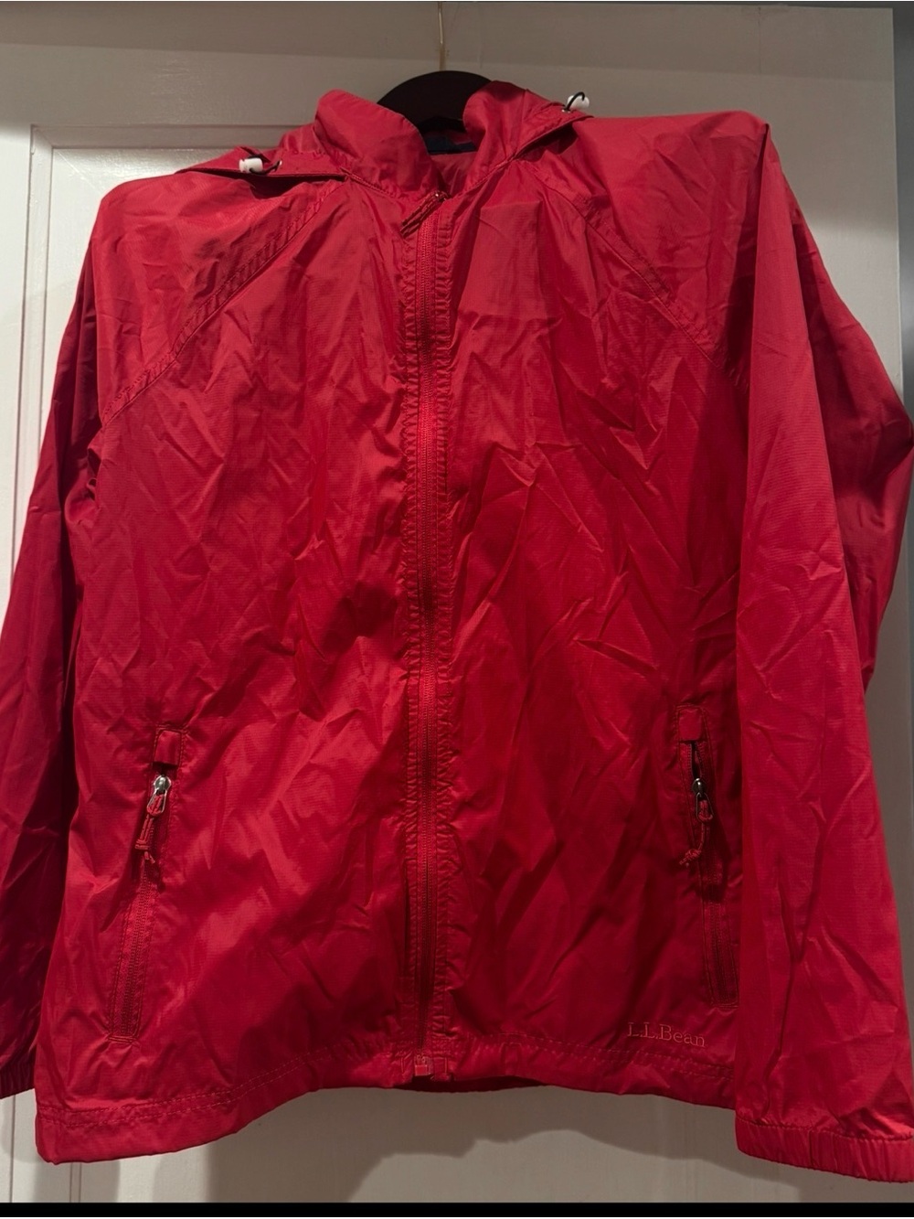 L.L. Bean Red Hooded Packable Windbreaker